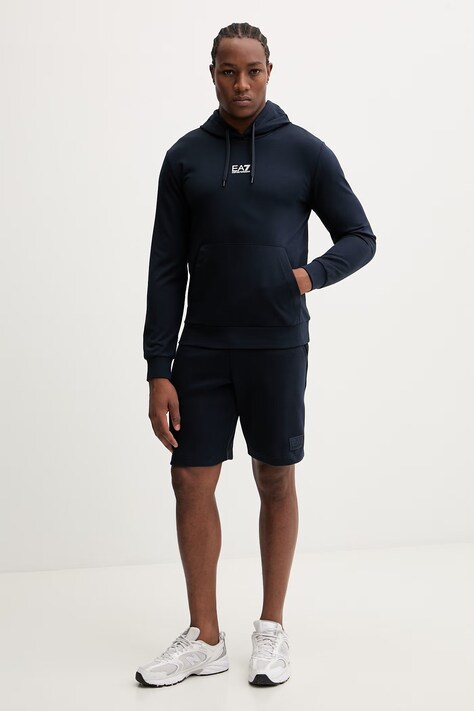 EA7 Emporio Armani bluza bawełniana męska kolor granatowy z kapturem gładka PJVRZ.8NPM32