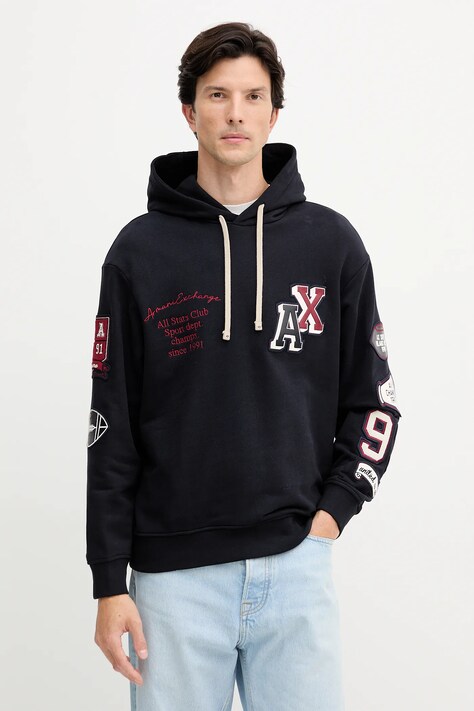 Armani Exchange bluza bawełniana męska kolor granatowy z kapturem z aplikacją XM000749 AF12656