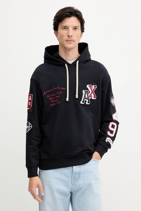 Armani Exchange bluza bawełniana męska kolor granatowy z kapturem z aplikacją XM000749 AF12656