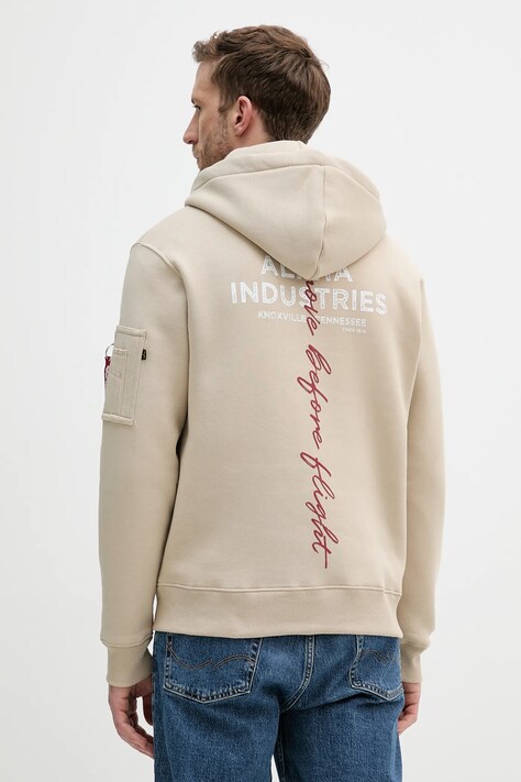 Alpha Industries bluza męska kolor beżowy z kapturem z nadrukiem 148341.627
