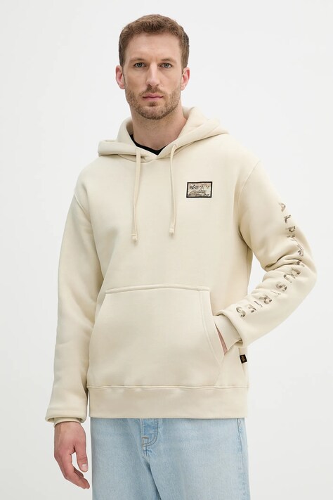 Alpha Industries bluza męska kolor beżowy z kapturem z nadrukiem 156340.300