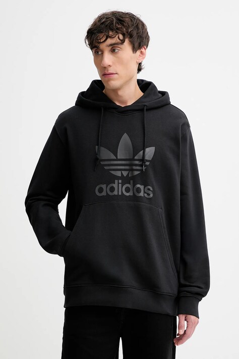 Хлопковая кофта adidas Originals Trefoil Hoody цвет чёрный с капюшоном с принтом JY3766