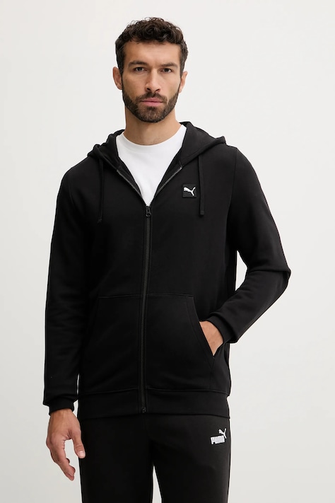Памучен суичър Puma мъжки в черно с качулка с изчистен дизайн 688255