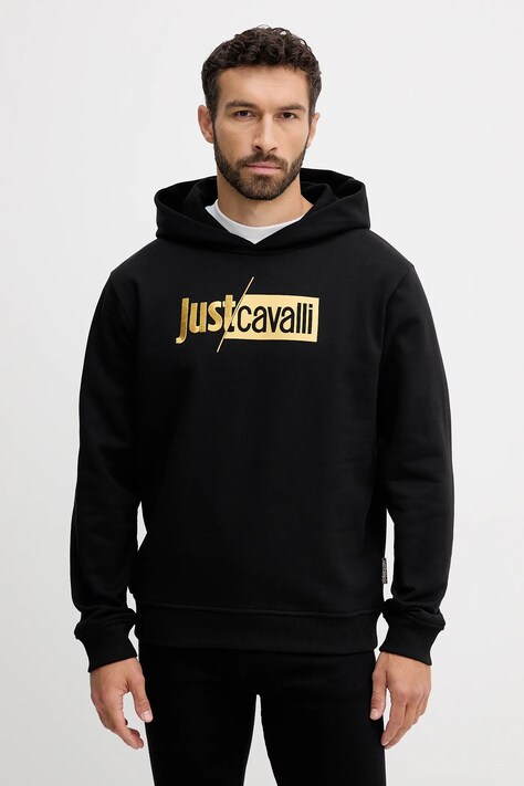 Just Cavalli bluza bawełniana męska kolor czarny z kapturem z nadrukiem 79OAIB01 CF802
