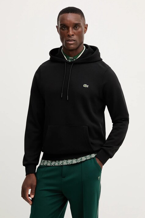 Lacoste bluza bawełniana męska kolor czarny z kapturem gładka SH9839