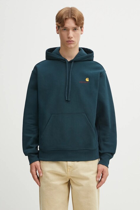 Carhartt WIP bluza Hooded American Script męska kolor turkusowy z kapturem gładka I028279.0AUXX