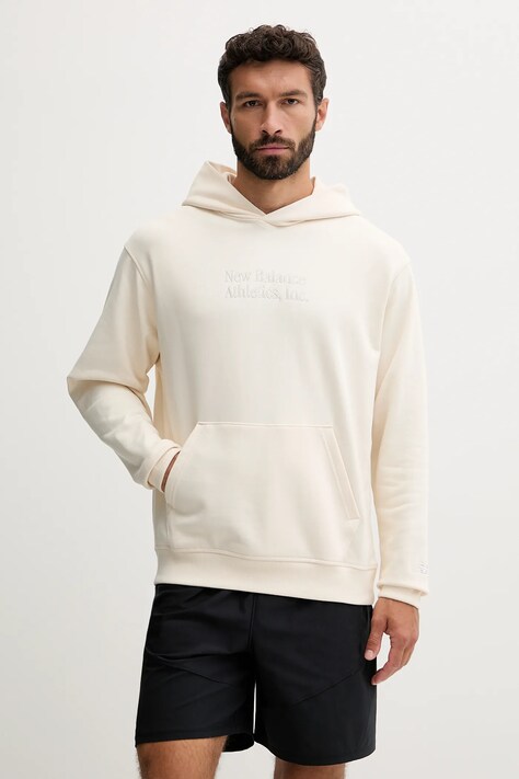 New Balance bluza bawełniana męska kolor beżowy z kapturem z aplikacją MT53925PEF