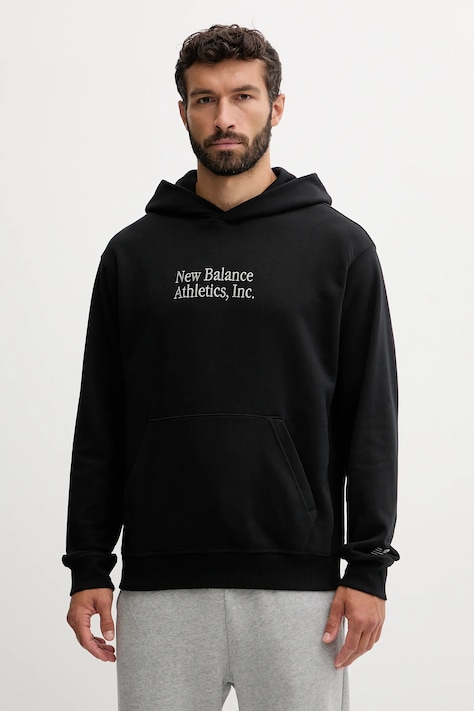 Bavlněná mikina New Balance pánská, černá barva, s kapucí, hladká, MT53925BK