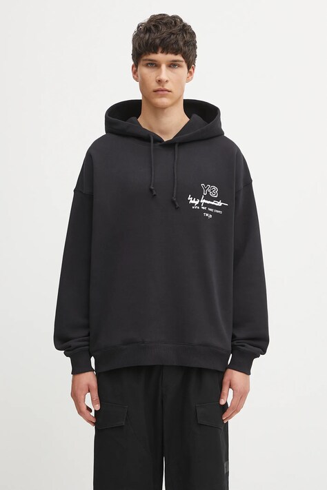 Y-3 bluza bawełniana Merch męska kolor czarny z kapturem z nadrukiem KB2604