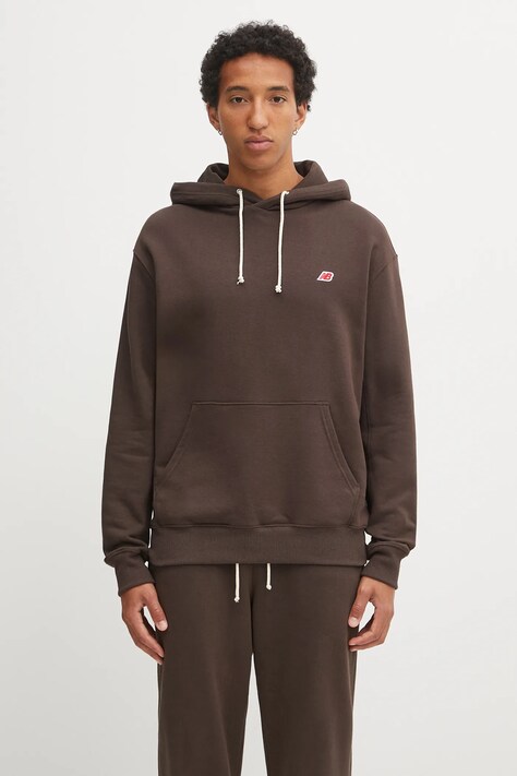Bavlněná mikina New Balance MADE IN USA CORE HOODIE pánská, hnědá barva, s kapucí, hladká, MT43546RHE