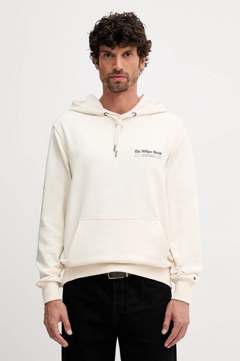 Tommy Hilfiger bluza bawełniana męska kolor beżowy z kapturem z nadrukiem MW0MW40065