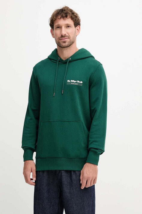 Tommy Hilfiger pamut melegítőfelső zöld, nyomott mintás, kapucnis, MW0MW40065