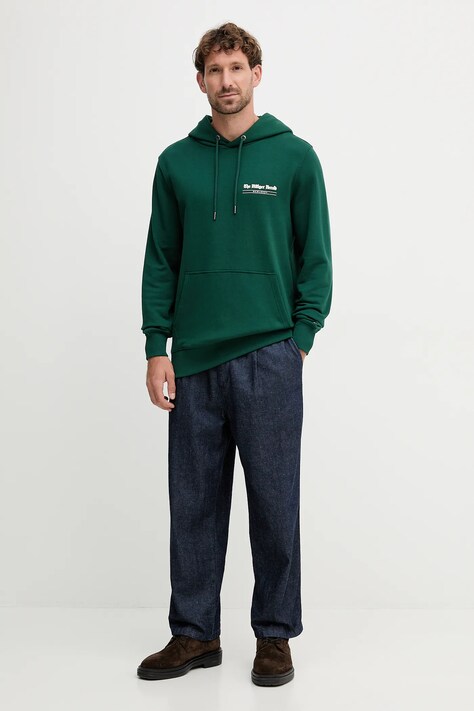 Tommy Hilfiger hanorac de bumbac culoarea verde, cu glugă, cu imprimeu, MW0MW40065