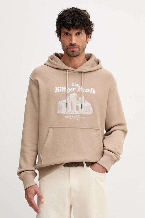 Tommy Hilfiger bluza bawełniana męska kolor beżowy z kapturem z aplikacją MW0MW40066