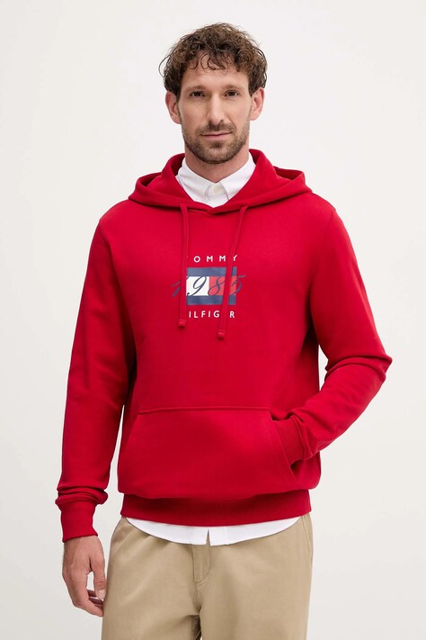 Tommy Hilfiger bluza bawełniana męska kolor czerwony z kapturem z nadrukiem MW0MW41332