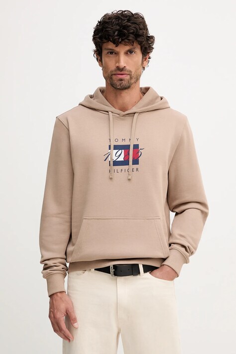 Tommy Hilfiger bluza bawełniana męska kolor beżowy z kapturem z nadrukiem MW0MW41332