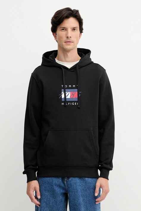 Βαμβακερή μπλούζα Tommy Hilfiger χρώμα: μαύρο, με κουκούλα, MW0MW41332