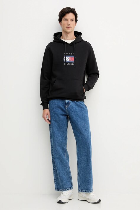 Tommy Hilfiger bluza bawełniana męska kolor czarny z kapturem z nadrukiem MW0MW41332