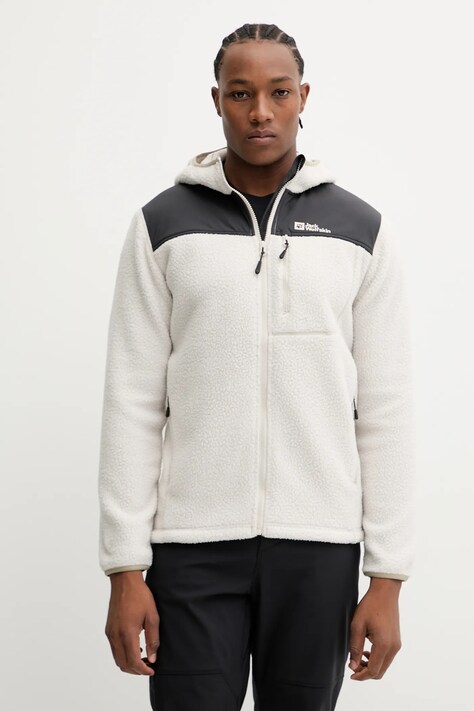 Jack Wolfskin bluza sportowa KAMMWEG PILE męska kolor beżowy z kapturem gładka 1711271