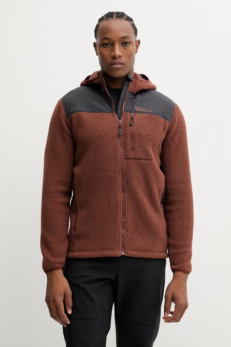 Jack Wolfskin bluza sportowa KAMMWEG PILE męska kolor brązowy z kapturem gładka 1711271