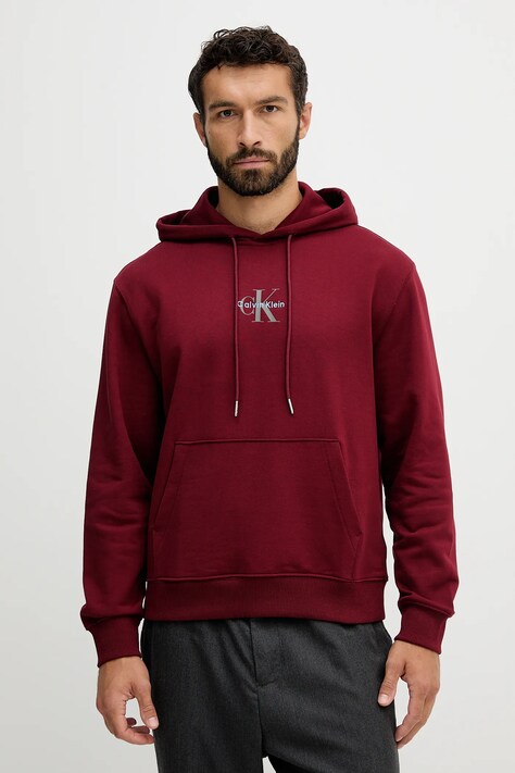 Bavlněná mikina Calvin Klein Jeans pánská, vínová barva, s kapucí, s potiskem, LV04RD243G