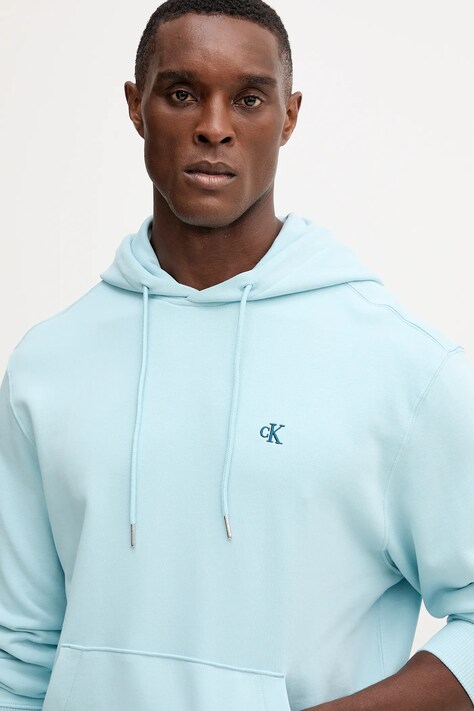 Bavlněná mikina Calvin Klein Jeans pánská, modrá barva, s kapucí, hladká, LV04RC297G