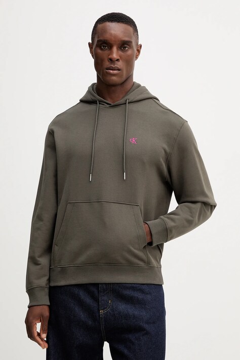 Bavlněná mikina Calvin Klein Jeans pánská, zelená barva, s kapucí, hladká, LV04RC297G