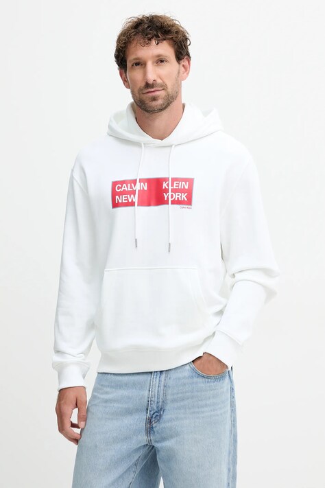Calvin Klein Jeans hanorac de bumbac culoarea alb, cu glugă, cu imprimeu, LV04RD259G