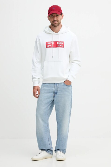 Calvin Klein Jeans hanorac de bumbac culoarea alb, cu glugă, cu imprimeu, LV04RD259G