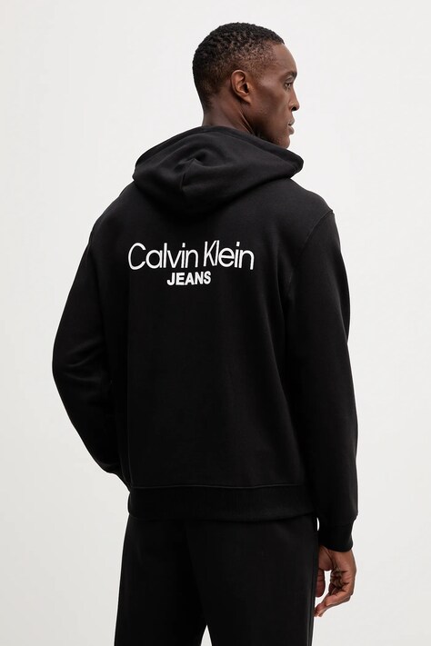 Бавовняна кофта Calvin Klein Jeans колір чорний з капюшоном з принтом LV04RD002G