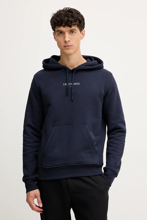 Trussardi hanorac de bumbac culoarea bleumarin, cu glugă, cu imprimeu, G8108000056N