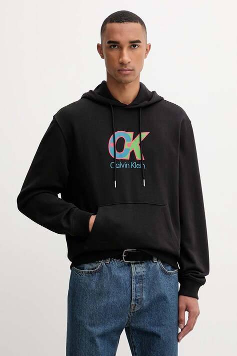 Pamučna dukserica Calvin Klein boja: crna, s kapuljačom, s tiskom, LV04LD240G