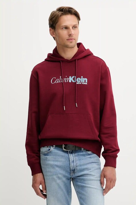 Бавовняна кофта Calvin Klein колір бордовий з капюшоном з принтом LV04LD241G