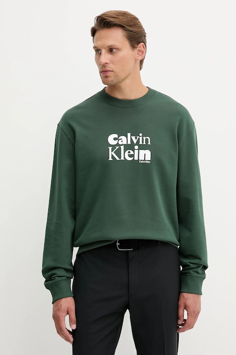 Bavlnená mikina Calvin Klein zelená farba, s potlačou, LV04LD242G