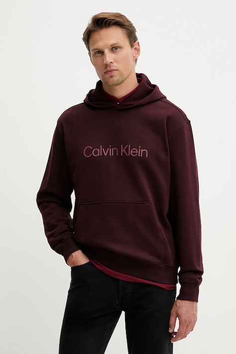 Памучен суичър Calvin Klein мъжки в бордо с качулка с принт LV14LD231G