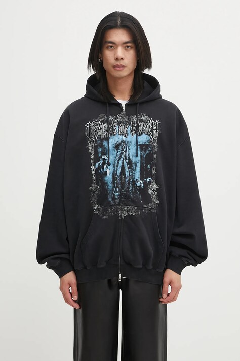 Bavlněná mikina VETEMENTS Cof Butterfly Oversized Zip-Up pánská, černá barva, s kapucí, vzorovaná, UCF76ZU800B