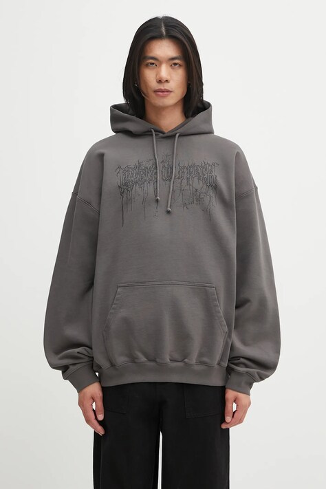 Mikina VETEMENTS Cof Dripping Logo Oversized pánská, šedá barva, s kapucí, s potiskem, UCF76HD400M