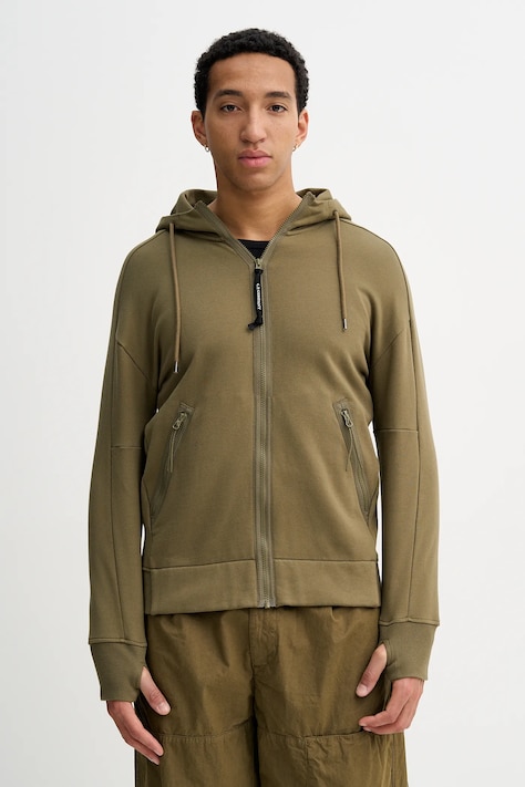 Bavlněná mikina C.P. Company pánská, zelená barva, s kapucí, hladká, 19CMSS715A005086W