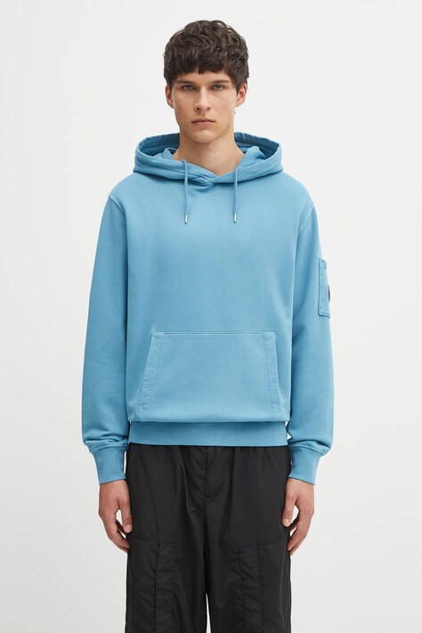 C.P. Company bluza bawełniana męska kolor niebieski z kapturem gładka 19CMSS719A006372R