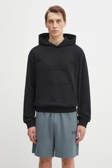 Helmut Lang bluza bawełniana męska kolor czarny z kapturem z aplikacją P04HM504