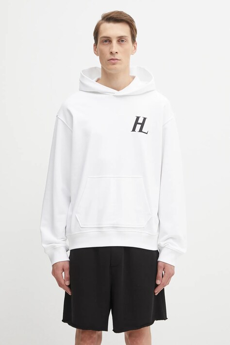 Helmut Lang bluza bawełniana męska kolor biały z kapturem z nadrukiem P04HM508