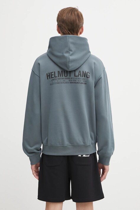 Helmut Lang bluza bawełniana męska kolor niebieski z kapturem z nadrukiem P04HM508
