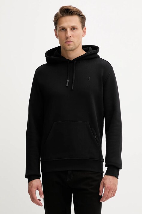 Trussardi bluza bawełniana męska kolor czarny z kapturem gładka G8078000031N