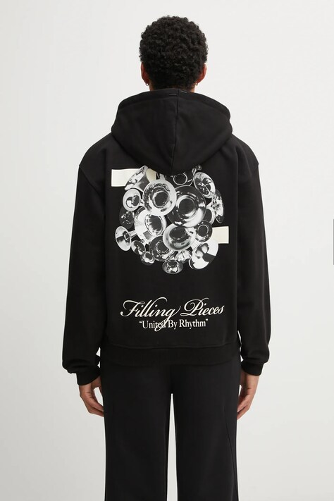 Памучен суичър Filling Pieces Zip Hoodie Bouquet мъжки в черно с качулка с принт 422533501122