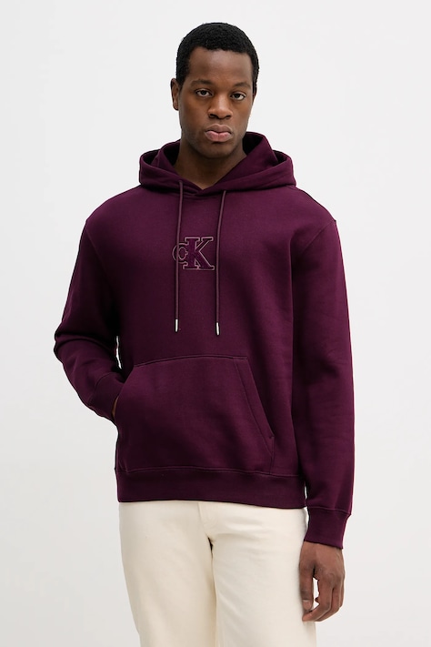 Calvin Klein Jeans bluză culoarea violet, cu glugă, cu imprimeu, LV04RD250G