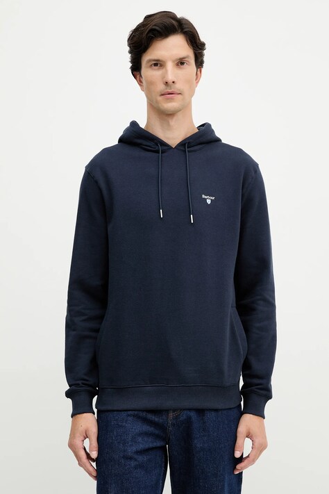 Barbour bluza bawełniana BECKHILL męska kolor granatowy z kapturem z aplikacją MOL0717
