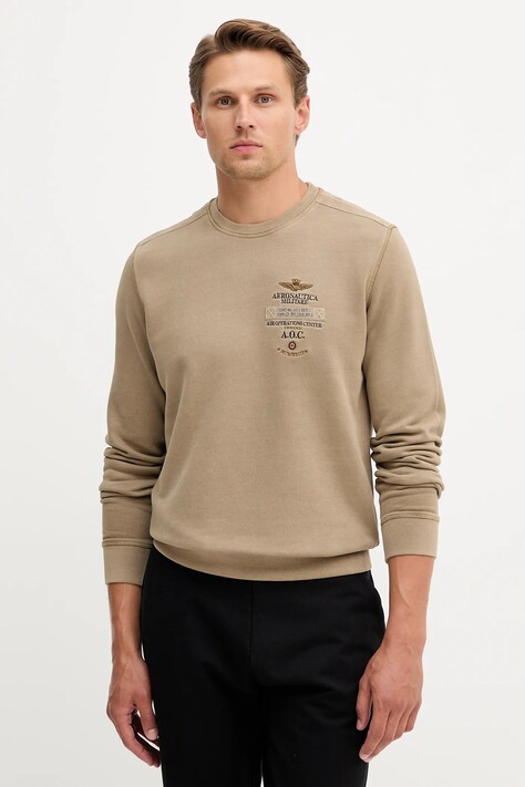 Aeronautica Militare hanorac de bumbac culoarea bej, cu imprimeu, FE2054UF00665