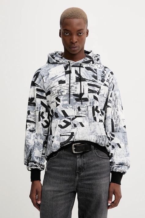 Karl Lagerfeld Jeans bluza bawełniana męska kolor biały z kapturem wzorzysta A4M20023