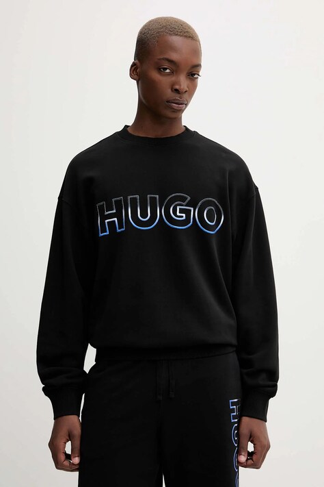 Bavlněná mikina Hugo Blue pánská, černá barva, s aplikací, 50549148