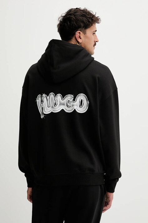 Hugo Blue bluza bawełniana męska kolor czarny z kapturem z nadrukiem 50549212